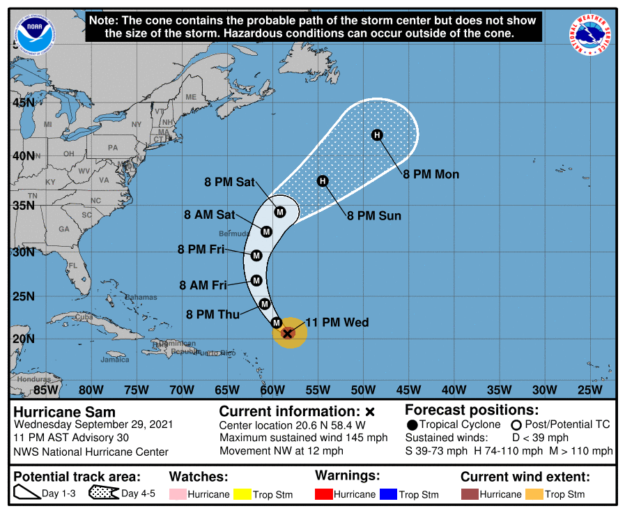 Sam is Getting Larger & Growing Stronger Tonight; Tropical Storm Watch May Be Needed for Bermuda