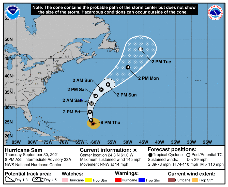 Powerful Hurricane Sam Now Moving North-Northwestward