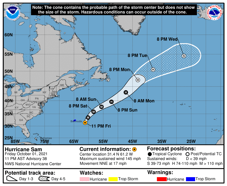 Sam is Now Passing East-Southeast of Bermuda with Slightly Weaker Wind Speeds