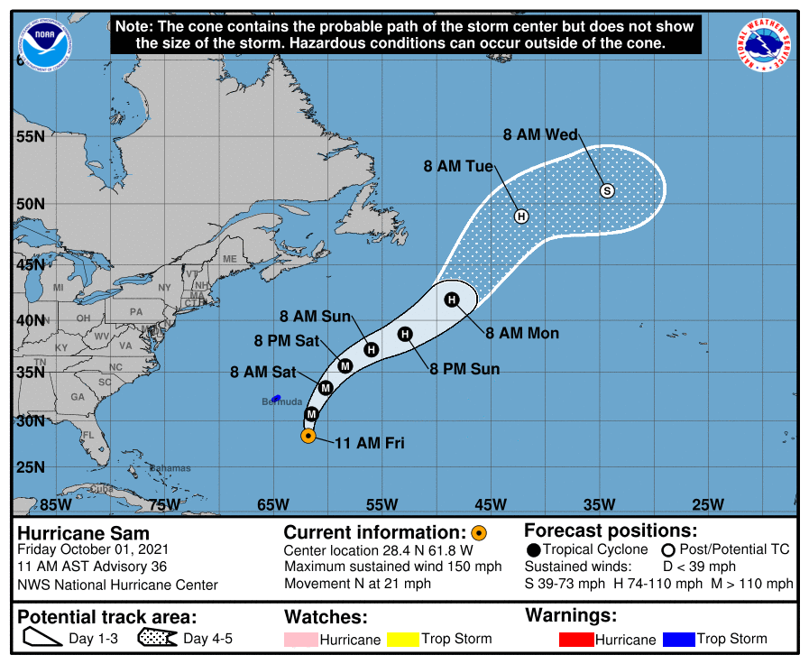 Sam is Just Shy of Category 5 Strength; Core Will Pass Well East of Bermuda Tonight