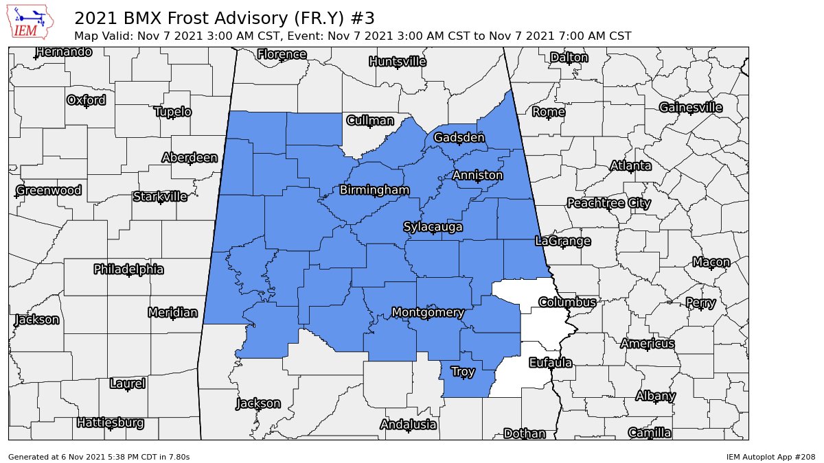 Frost Advisory Expanded in Area & Extended Through 7 am Sunday for Central Alabama