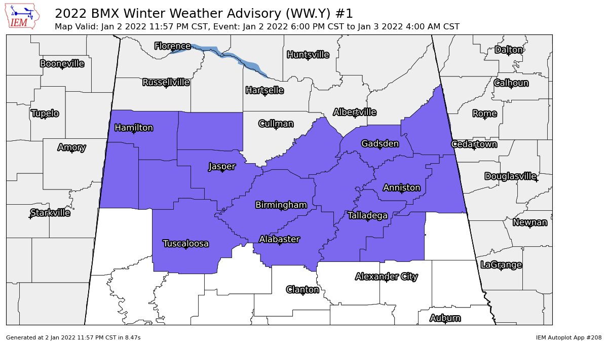 Winter Weather Advisory Extended to 4 am for Portions of Central Alabama