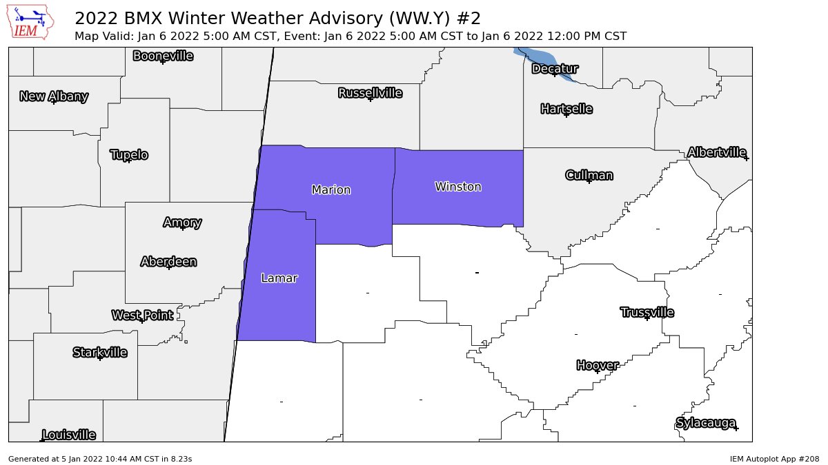 Winter Weather Advisory Issued for the Extreme Northwestern Counties in Central AL on Thursday Morning