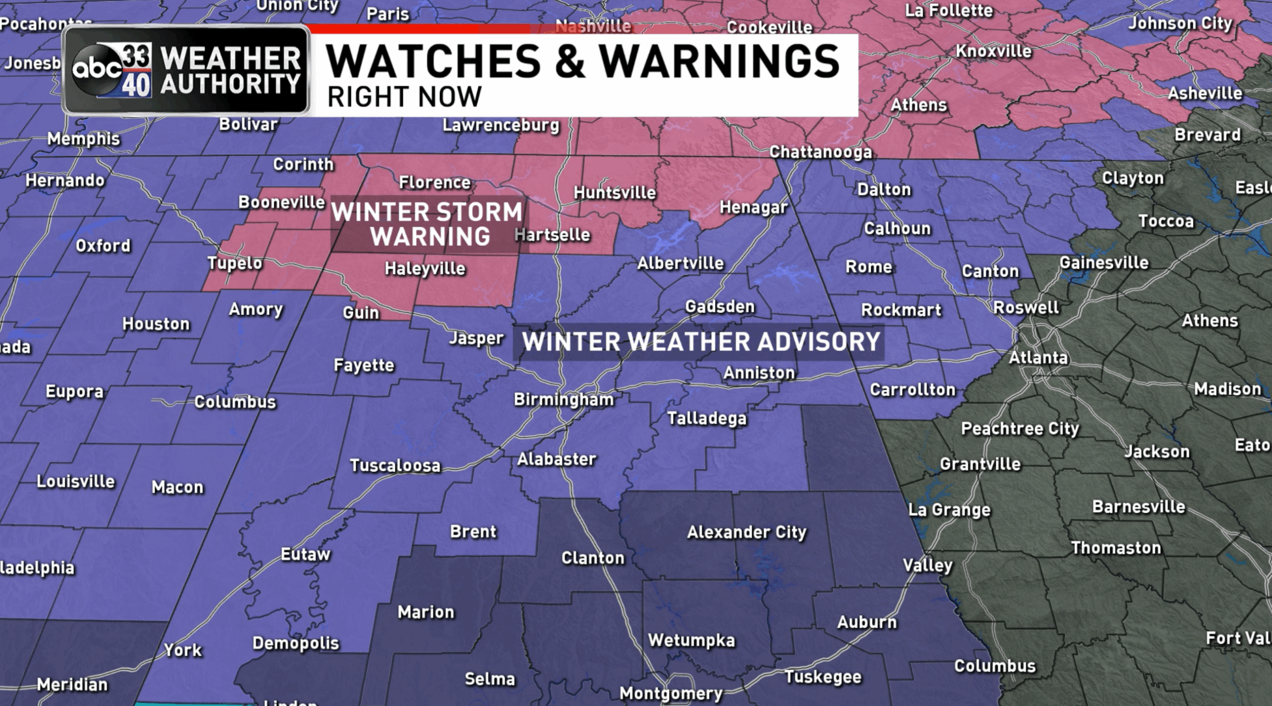 Winter Storm Warning For North Alabama; Severe Storms Possible Tonight For South Alabama