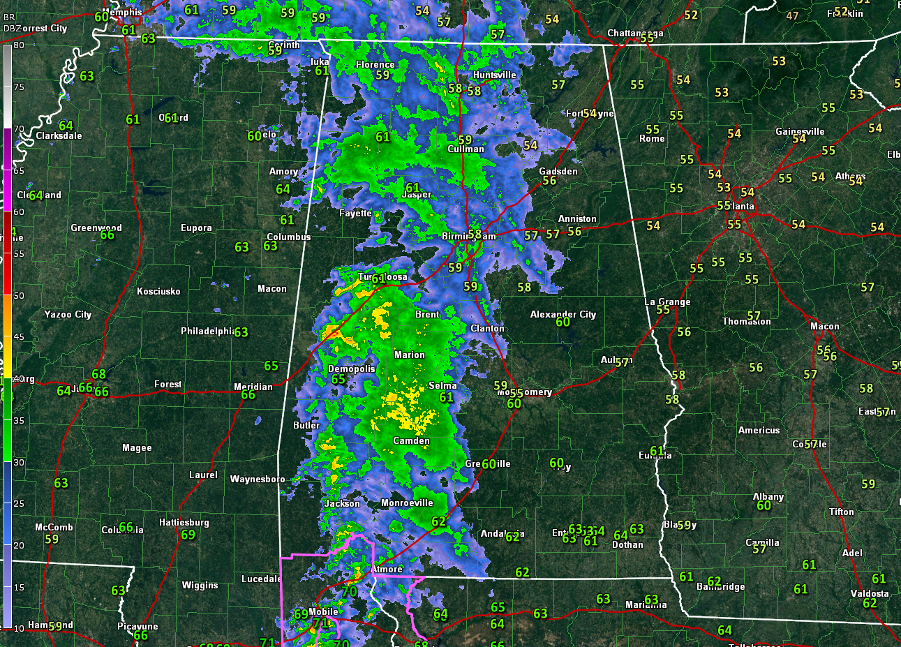 Rain Covers Much of Western Alabama…Storms Have Calmed and Pose No Threat Overnight