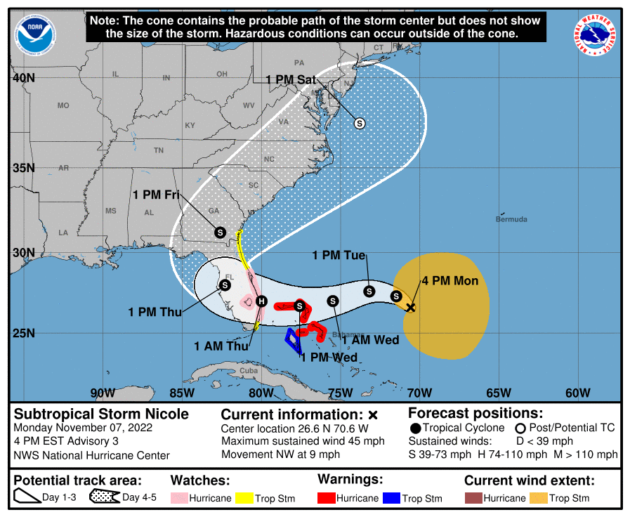 Nicole Forecast to Strengthen; Hurricane Warnings Issued for the Bahamas