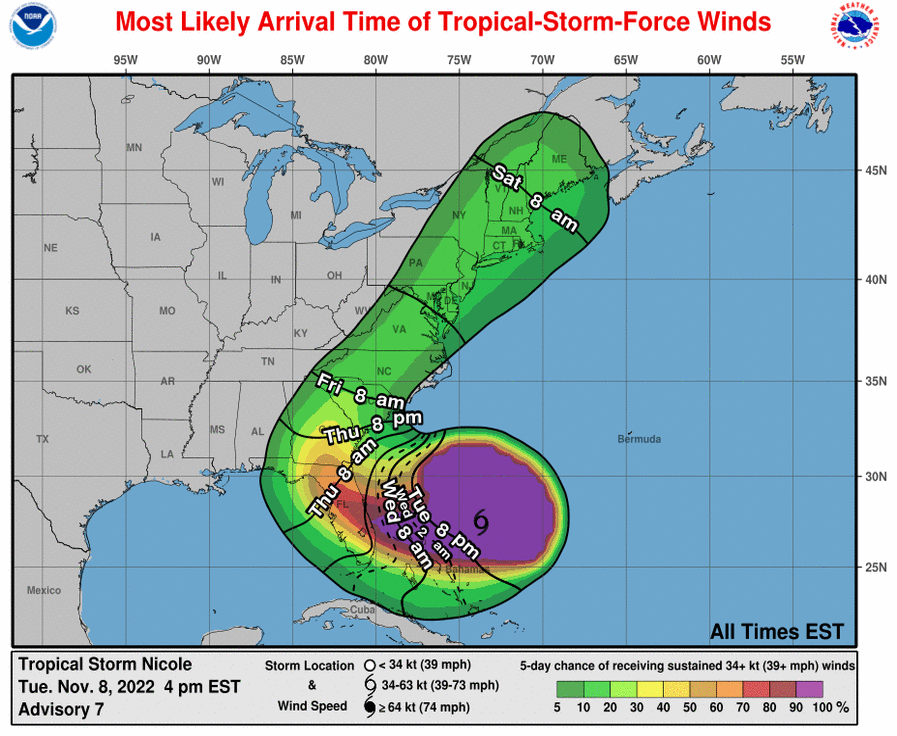Nicole Continues to Intensify; New Tropical Storm & Storm Surge Watches Issued