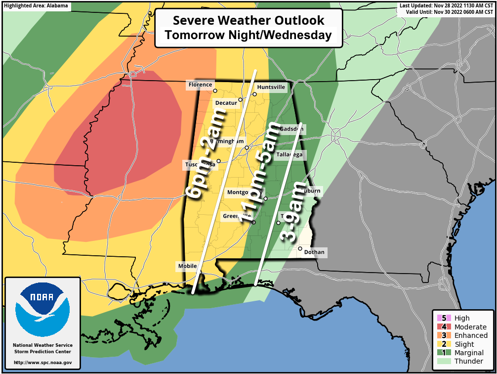 Severe Weather Threat For Alabama Tomorrow Night/Early Wednesday