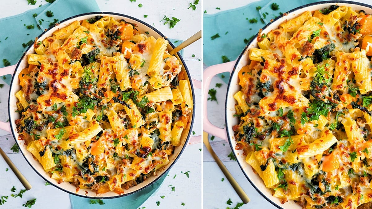 Recipe: Garlicky Kale, Sausage & Butternut Squash Pasta Bake