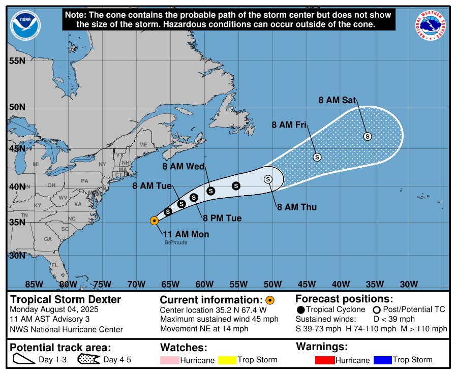 Tropical Storm Dexter Continues to Move Away from U.S. Coast