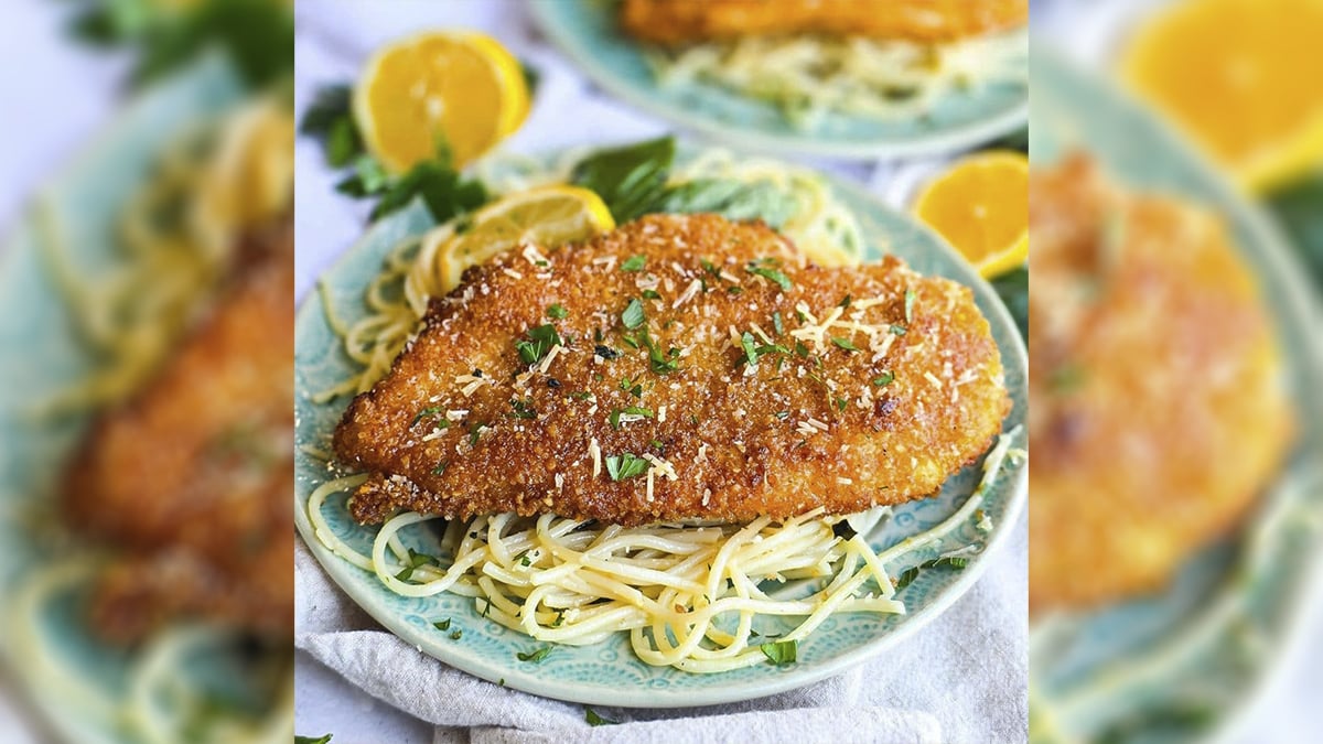 Recipe: Crispy Parmesan Crusted Chicken Pasta with Lemon Butter Basil Sauce