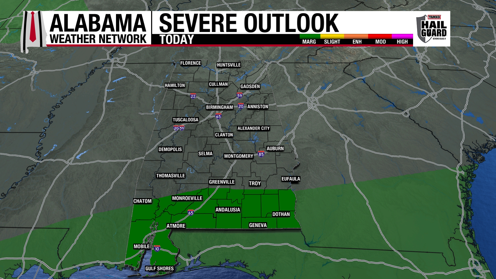 Rain for Most of AL, Storms South Today